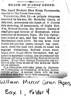 William Mercer Green Papers Box 1 Folder 4 Clippings Document 62