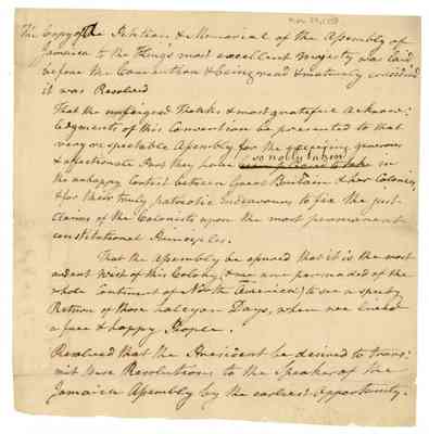 Resolution of thanks to be presented to the Assembly of Jamaica, 1775 Mar. 23.
