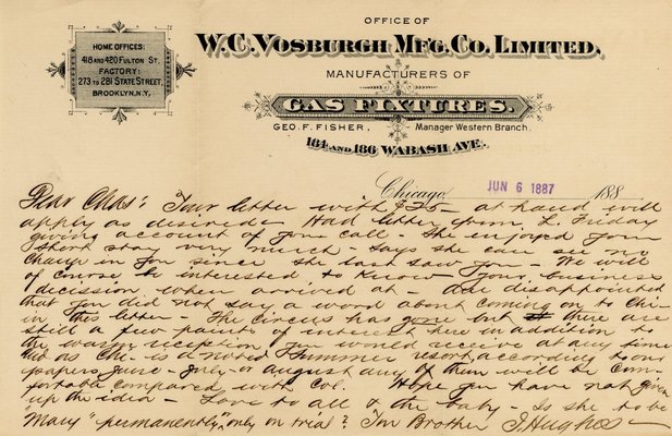 Letter from J. Hughes Fisher to Charles, June 6, 1887