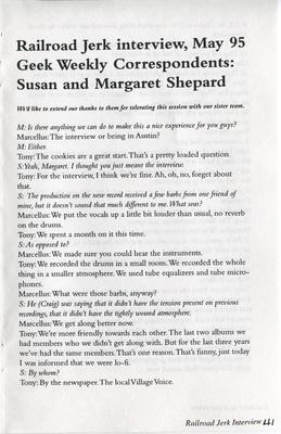 Railroad Jerk interview, May 95 Geek Weekly Correspondents: Susan and Margaret Shepard