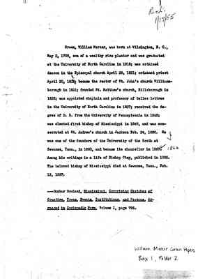 William Mercer Green Papers Box 1 Folder 2 Biographical Data Document 28