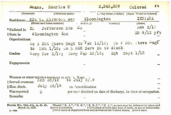 Indiana WWI Service Record Cards, Army and Marine Last Names "EVA - EZZ"