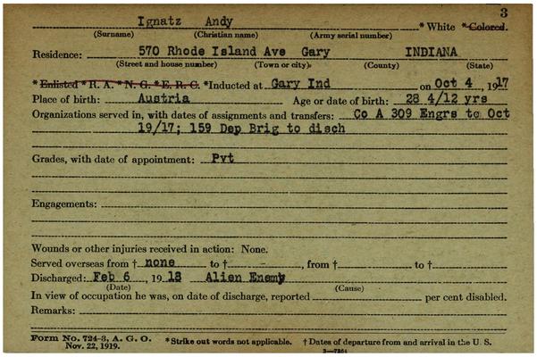 Indiana WWI Service Record Cards, Army and Marine Last Names "IAC - IWO"