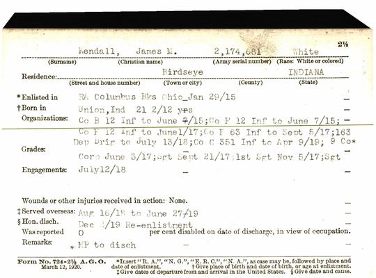 Indiana WWI Service Record Cards, Army and Marine Last Names "KEN - KER"