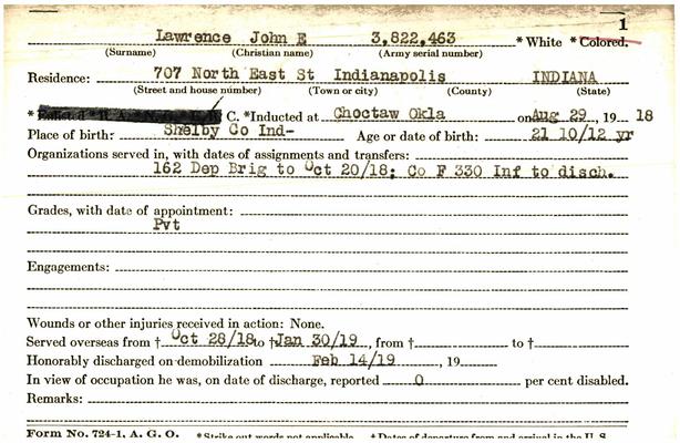 Indiana WWI Service Record Cards, Army and Marine Last Names "LAW - LED"