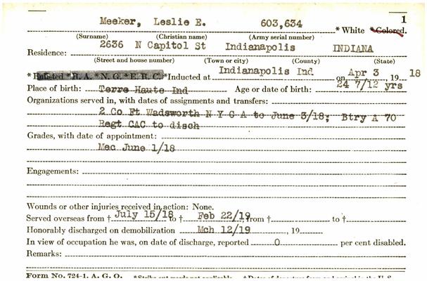 Indiana WWI Service Record Cards, Army and Marine Last Names "MEA - MEO"