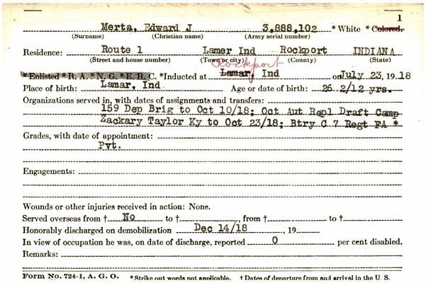 Indiana WWI Service Record Cards, Army and Marine Last Names "MER - MEZ"