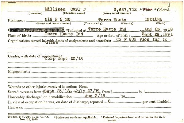 Indiana WWI Service Record Cards, Army and Marine Last Names "MIL - MIZ"