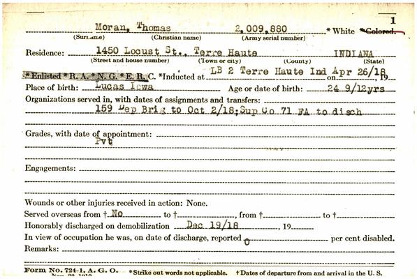 Indiana WWI Service Record Cards, Army and Marine Last Names "MOR"