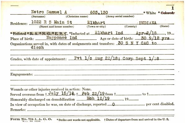 Indiana WWI Service Record Cards, Army and Marine Last Names "NEL - NEY"
