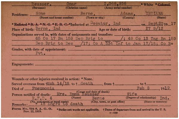 Indiana WWI Service Record Cards, Army and Marine Last Names "REK - RIB"