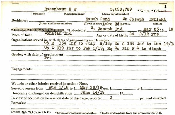 Indiana WWI Service Record Cards, Army and Marine Last Names "ROP - ROX"