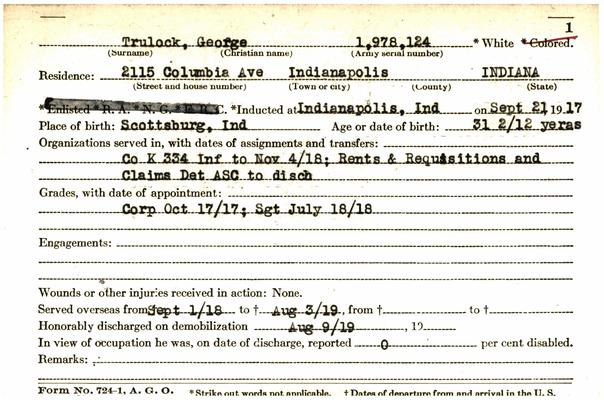 Indiana WWI Service Record Cards, Army and Marine Last Names "TRU - TZA"