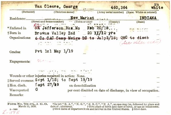 Indiana WWI Service Record Cards, Army and Marine Last Names "VAA - VEG"