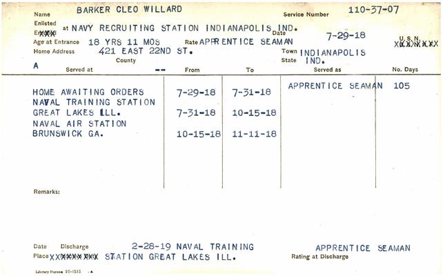 Indiana WWI Service Record Cards, Navy Last Names "BAA - BLA"