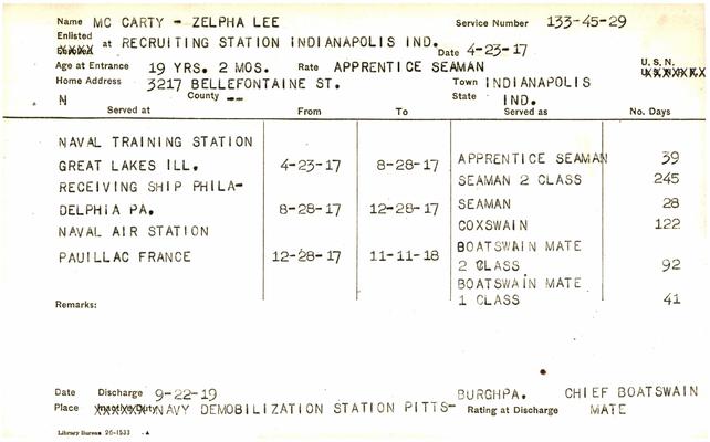 Indiana WWI Service Record Cards, Navy Last Names "MCA-MAS"