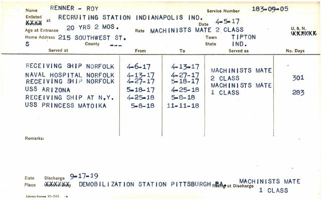 Indiana WWI Service Record Cards, Navy Last Names "RAA- RYM"