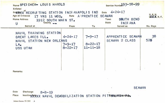 Indiana WWI Service Record Cards, Navy Last Names "SMI- SZU"