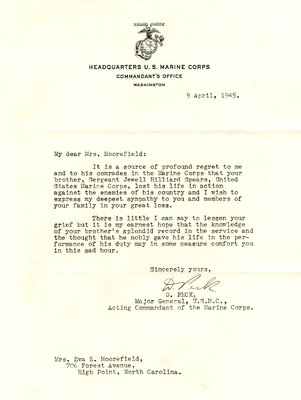 Letter from Maj. Gen. D. Peck to Eva S. Moorefield, Apr. 9, 1945
