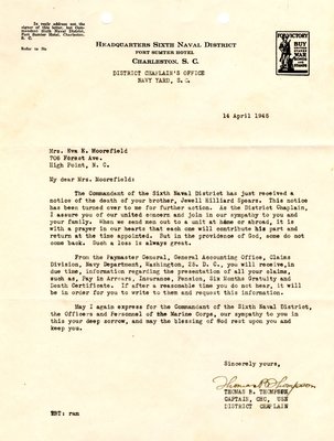Letter from Capt. Thomas B. Thompson to Eva S. Moorefield, Apr. 14, 1945