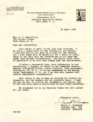 Letter from Capt. Thomas B. Thompson to Eva S. Moorefield, Apr. 20, 1945