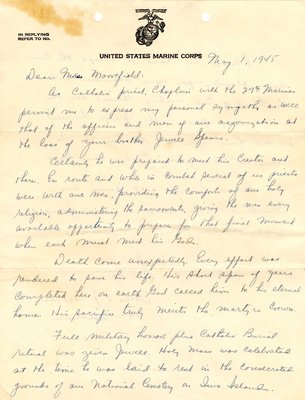 Letter from Fr. L. J. Calkins to Eva S. Moorefield, May 1, 1945