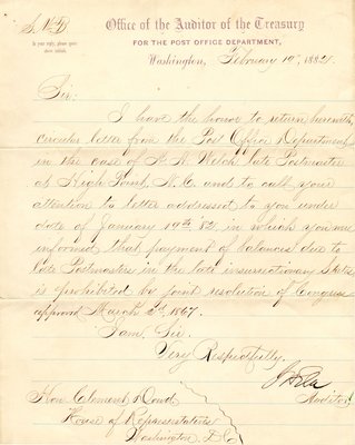 Correspondence re: postmaster A. H. Welch