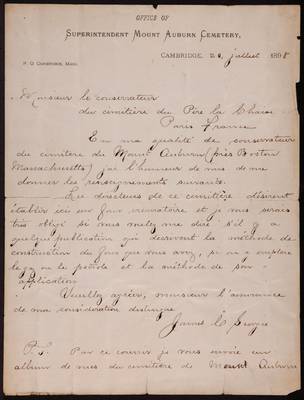 1898-07-20 Letter: Superintendent James Scorgie to Cimitiere du Pere la Chaise, 2004.046.001-001