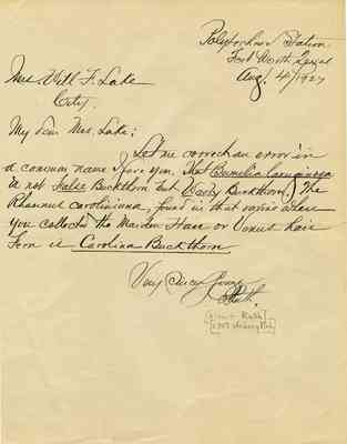 Letter from Albert Ruth to Mary Daggett Lake:  August 4, 1927