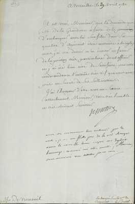 No. 130: Lettre de Sartine Embarquement du fils de La Grandière - 1780/04/29