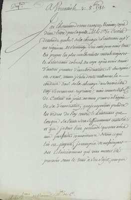 No. 144: Lettre de Ségur - Demande éclaicissement sur conduite M. de la Chesnaye, lieutenant rgt de Saintonge - 1781/10/05