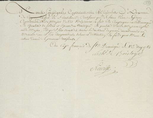 No. 23a: Certificat pour Pierre Laprun, capitaine Rgt d'Au x onne, signé de Boislogé et Neurisse - 1783/05/01