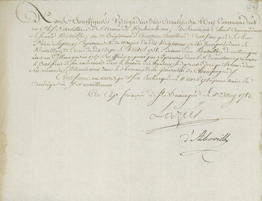 No. 24a: Certificat pour Pierre Laprun signé d'Aboville et Lazies - 1783/05/01