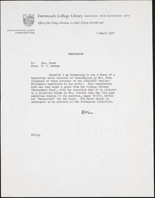 Edward Connery Lathem, memorandum, to Erika Schinn Parmi, 1972 March 7