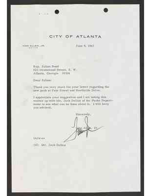 To Julian Bond from Ivan Allen, Jr., 9 June 1967, with Bond's draft response