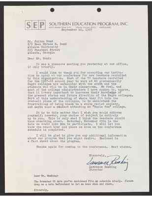 To Julian Bond from Lawrence Rushing, 20 Sept 1967, with Bond's draft response