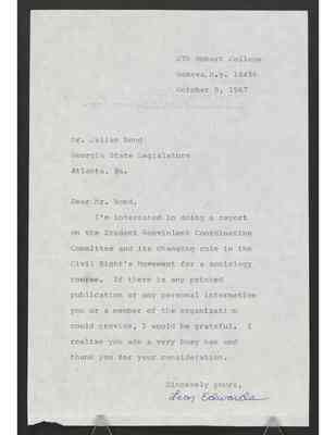 To Julian Bond from Leon Edwards, 8 Oct 1967, with Bond's draft response