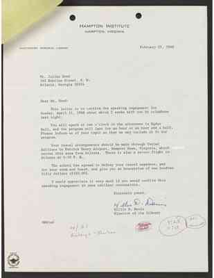 To Julian Bond from Hillis Davis, 21 February 1968, with Bond's draft response