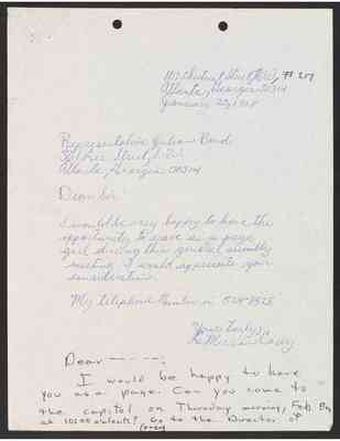 To Julian Bond from LaMerrian Carey, 23 January 1968, with Bond's draft response