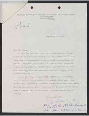 To Julian Bond from Larry DeNeal, Ruth Waller, and Father John McEwelly, 19 Sept 1968, with Bond's draft response