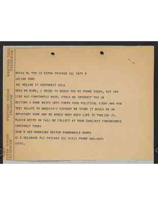 To Julian Bond from Ivan Dee, Telegram, 9 Sept 1968, with Bond's draft response