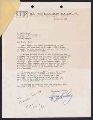 To Julian Bond from Larry Rushing, 1 Oct 1968, with Bond's draft response