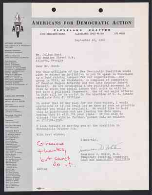 To Julian Bond from Lawrence White, 18 Sept 1968, with Bond's draft response