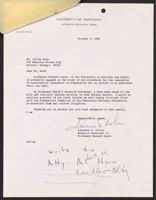 To Julian Bond from Laurence Cutler, 9 Oct 1968, with Bond's draft response