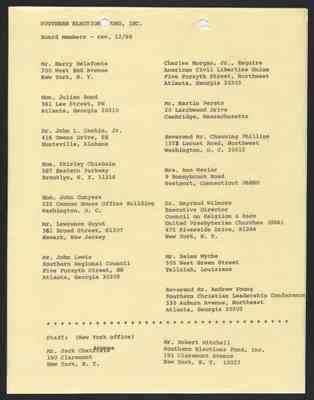From Julian Bond to Board Members of the Southern Elections Fund, with address list, 2 Dec 1969