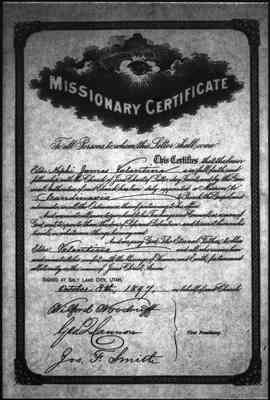 Community - Missionary Certificate for Nephi James Valentine, 8 October 1897 [C-84]
