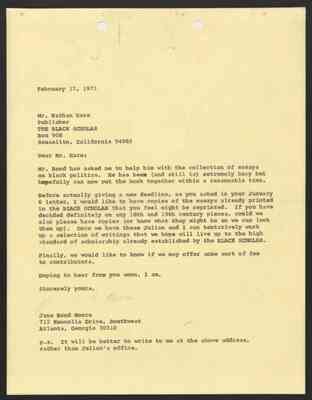 From Jane Bond Moore to Nathan Hare, 17 Feb 1971