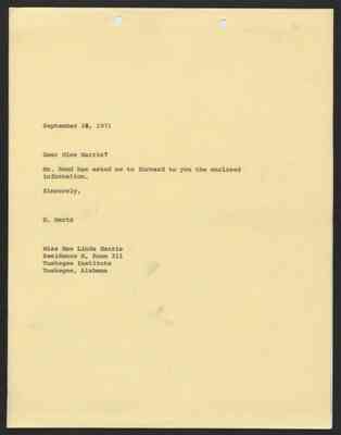 From H. Mertz to Mae Linda Harris, 17 Sep 1971