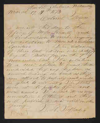 Letter: To Col. Folsom from T.H. Safford, Guidebooks Lost in Boston Fire, 1873, page 1