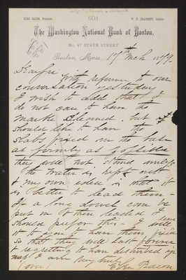 1879-03-17 Letter: Eben Bacon to [J.W. Lovering], about monument care on his lot, "Bacon & old Bank", 2014.020.003-002